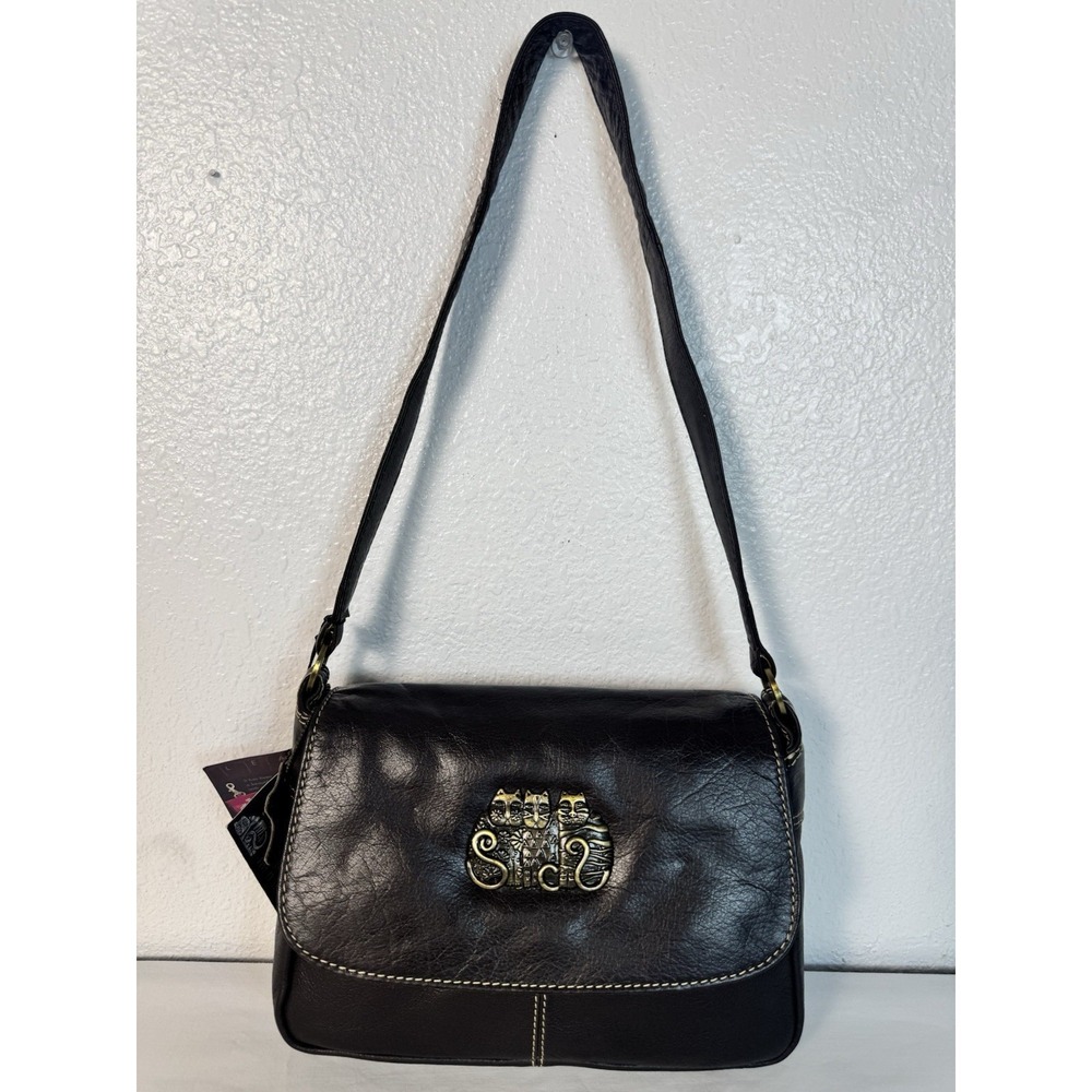 NWT Laurel Burch Brown Leather Shoulder Bag Three Cats Dust Bag Deadstock VTG
